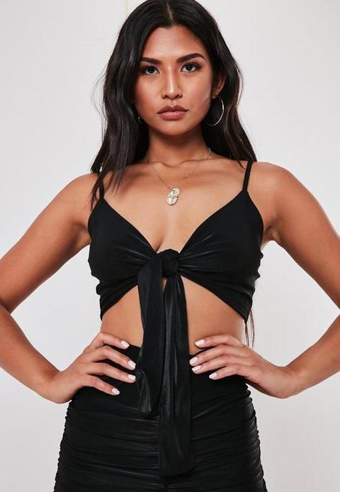 Black Slinky Co Ord Strappy Tie Front Crop Top, Black