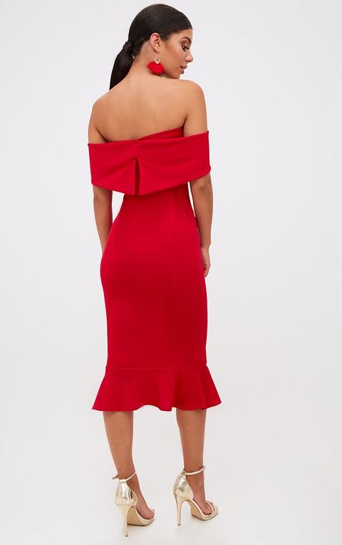 red frill bardot dress