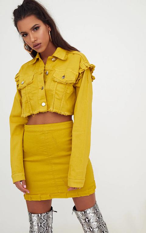 Yellow Ruffle Cropped Denim Jacket, Yellow