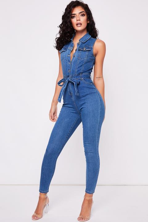 belted denim jumpsuit