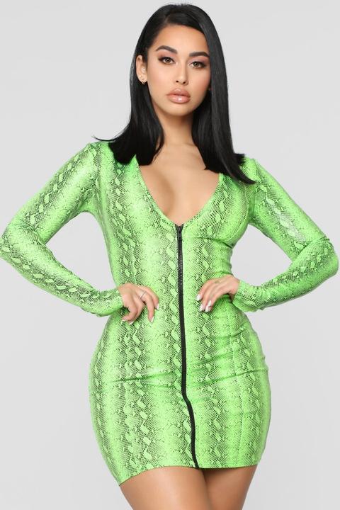 Snake In The Night Mini Dress - Lime