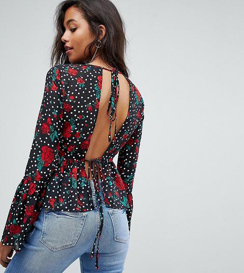 Prettylittlething - Blusa A Fiori E Pois Allacciata Sul Retro - Multicolore