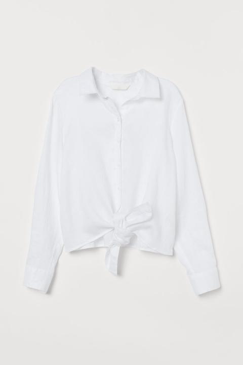 Camisa De Lino Con Lazada - Blanco