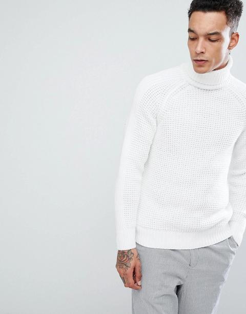 Bershka - Maglione Bianco Con Lavorazione Piqué E Collo Arrotolato - Bianco