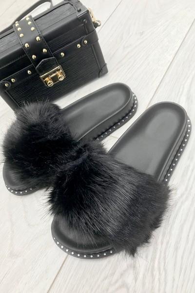 Alexia Black Faux Fur Sliders