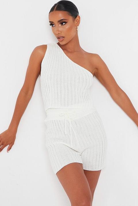 Cream One Shoulder Knitted Short Set , White