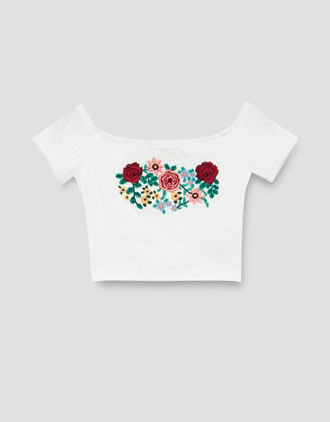 Crop Top Escote Bardot Bordado Flores