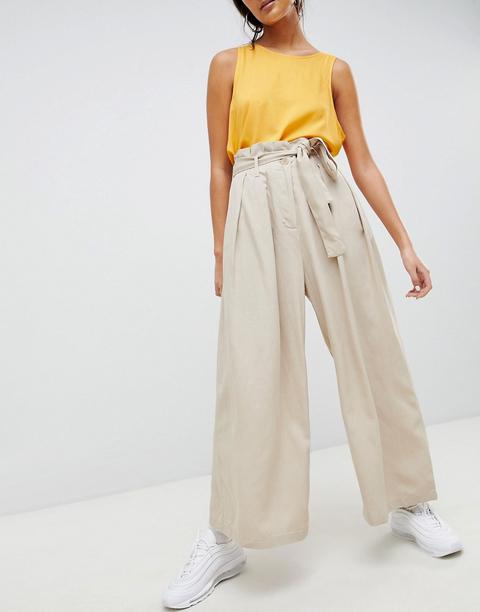 Weekday - Pantaloni A Fondo Ampio Con Vita Raccolta Con Cintura - Beige