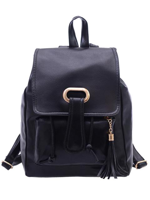 Faux Leather Tassel Embellished Flap Backpack - Black