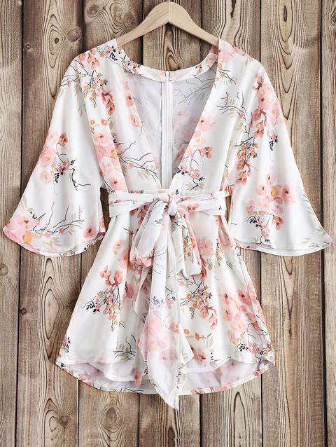 Floral Print Plunging V Neck Romper