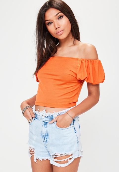 Top Bardot Con Mangas Abullonadas En Naranja