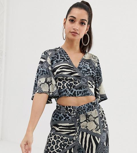 Outrageous Fortune Petite Wrap Front Crop Top Co-ord In Multi Chain Print