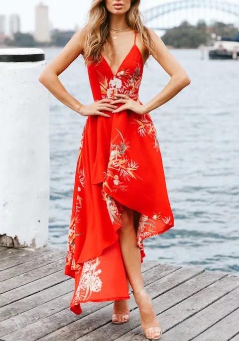 Maxi Vestito Spacco A Fessura Irregolare Con V-collo Profonda Spiaggia Bohemian V-collo Rosso