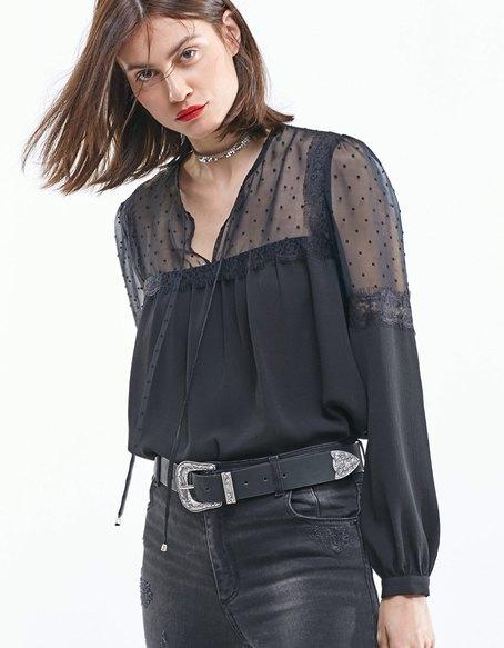 Blusa Plumetis Con Pizzo Nero