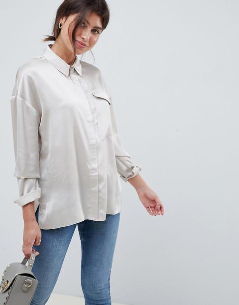 Asos Design - Camicia Oversize A Maniche Lunghe In Raso - Crema