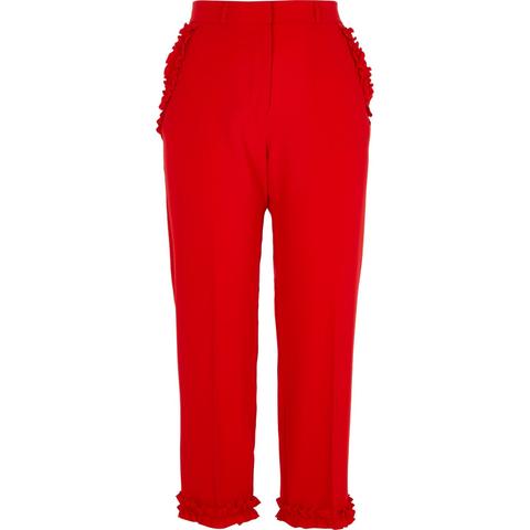 Red Frill Hem Cropped Straight Leg Trousers