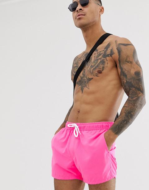 Shorts De Baño De Estilo Corto En Rosa Neón Desgastado De Asos Design