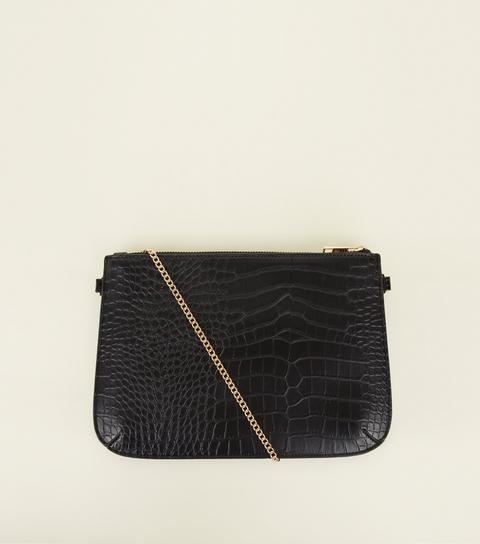 Black Faux Snake Zip Top Clutch New Look