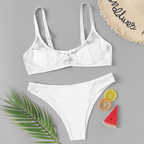 Set De Bikini Panel Con Malla De Lunares