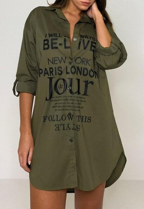 Khaki Printed Roll Sleeve Shirt Dress, Kahki