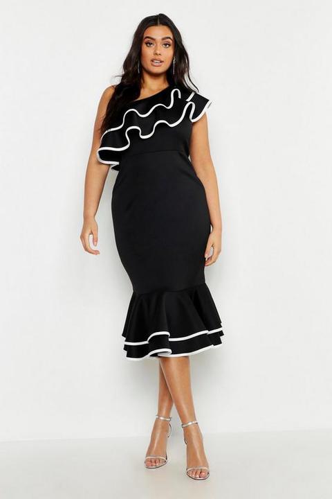 Plus Robe Midi À Volants Contrastés Une Épaule Dénudée - Noir - 50, Noir