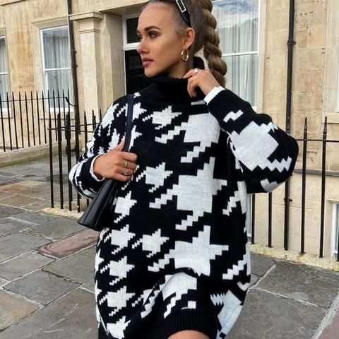 Black White Houndtooth Check Roll Neck Jumper Dress