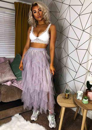 High Waisted Layered Tulle Ruffle Midi Skirt Grey