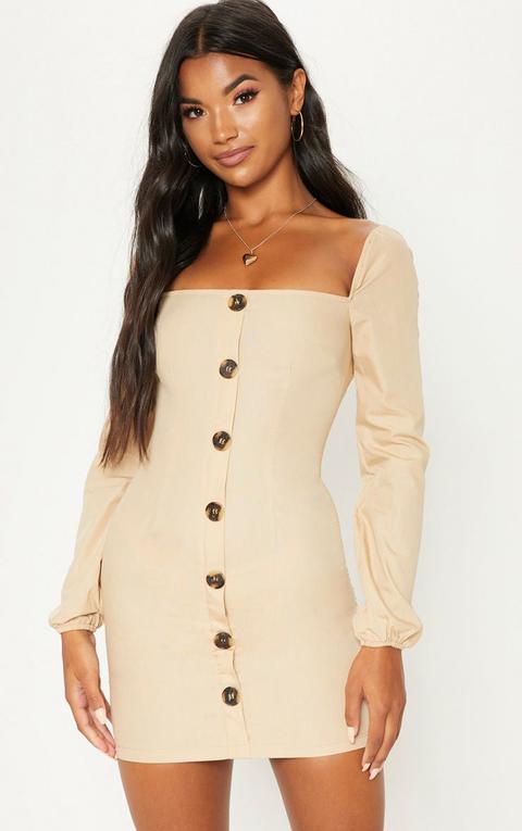 Stone Puff Sleeve Button Up Bodycon Dress