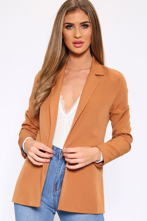 Camel Longline Open Front Fitted Blazer