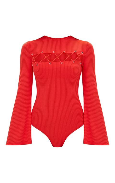 Red Lace Up Front Flare Sleeve Thong Bodysuit