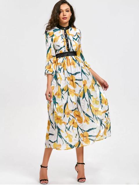 Vestido Acampanado Con Estampado Floral De Cintura Alta