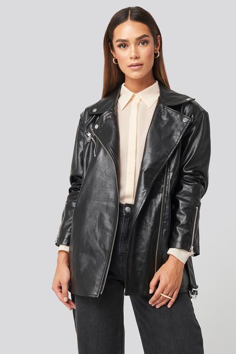 Tied Waist Pu Biker Jacket Schwarz