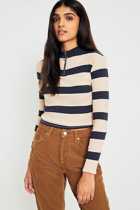 Uo Ribbed Striped Half-zip Long Sleeve Knit Top