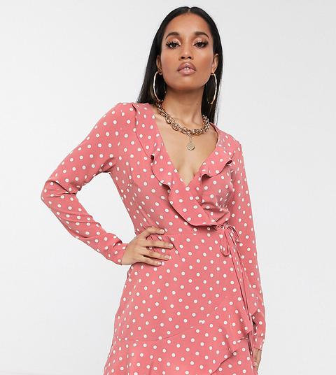 Missguided Petite - Robe Cache-cœur Manches Longues Avec Ourlet À Volants - Pois Roses