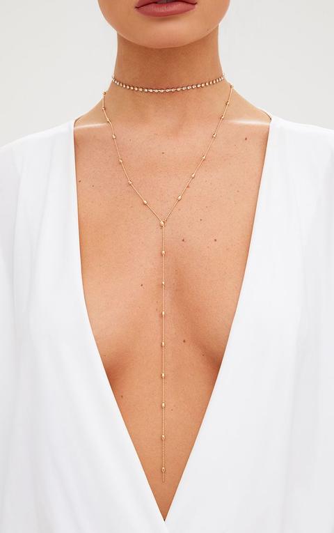 Gold Diamante Choker And Bead Drop Necklace