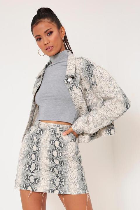 White Snake Print Denim Skirt