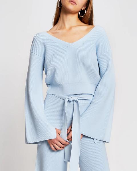 Blue Knitted Bow Back Loungewear Top