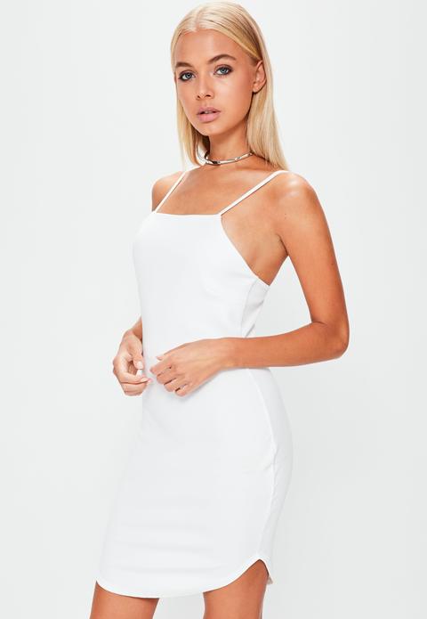 White Square Neck Curve Hem Bodycon Dress