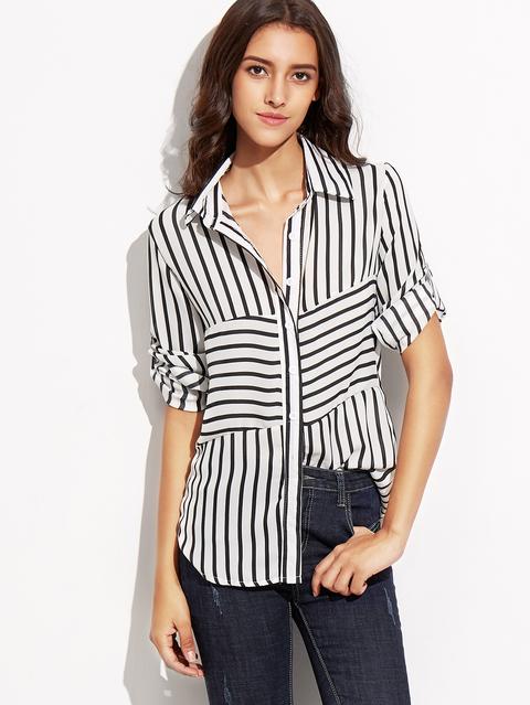 Camisa A Rayas Con Bajo Redondeado Negro