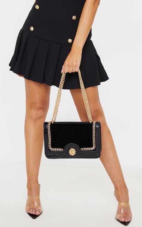 Black Patent And Velvet Contrast Lion Head Cross Body Bag