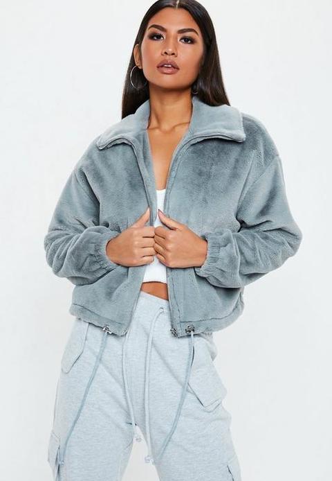 Grey Faux Fur Bomber Jacket, Grey