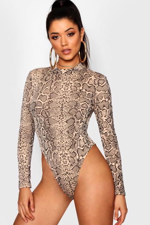 Womens Snake Print Roll Neck One Piece - Beige - 12