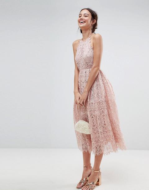 Asos Lace Pinny Scallop Edge Midi Prom Dress-pink
