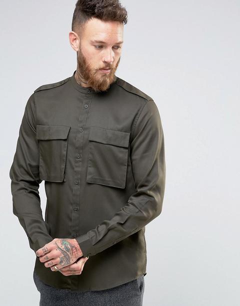 Asos - Camicia Stile Militare Kaki In Tessuto Drappeggiato Con Vestibilità Classica E Collo Serafino - Verde
