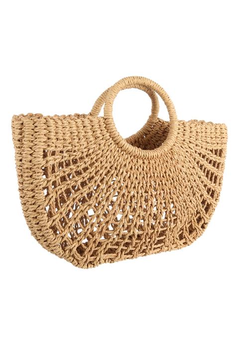 Womens Stone Fan Straw Bag