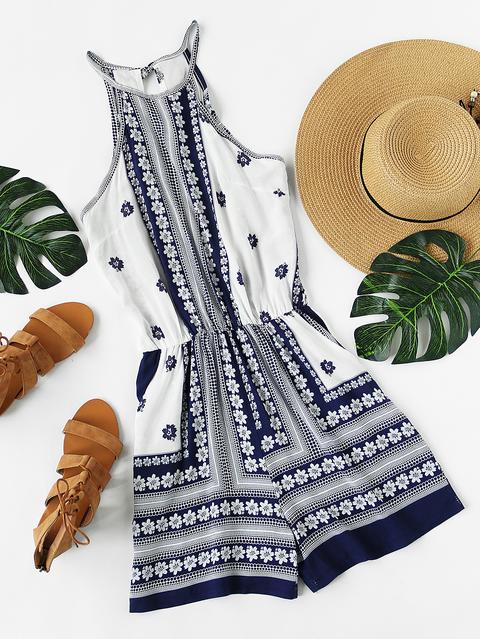 Mono De Tirante Con Estampado Floral De Espalda Abierta Con Cordón