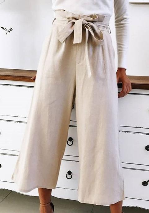 Pantaloni Cinture Moda Allacciate Gamba Larga 7/8 Beige