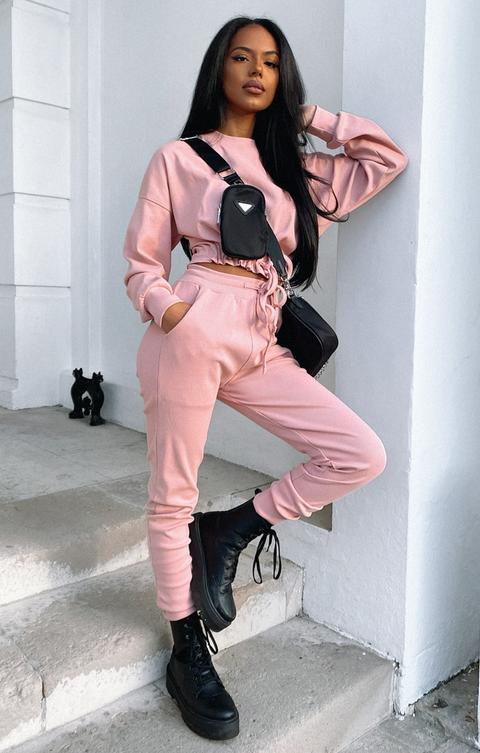 Pink Rib Drawstring Cropped Long Sleeve Loungewear Set - Kyle