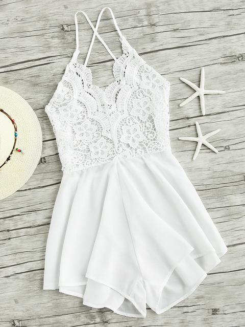 Lace Panel Criss Cross Backless Romper