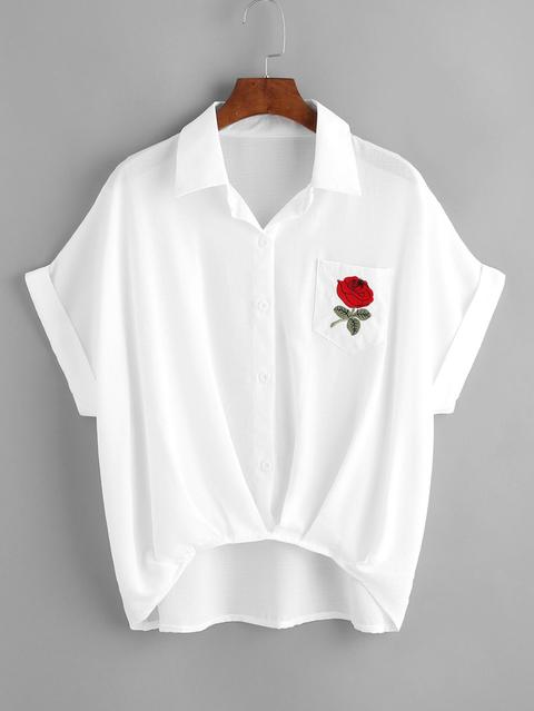 Rose Embroidered High Low Cuffed Shirt